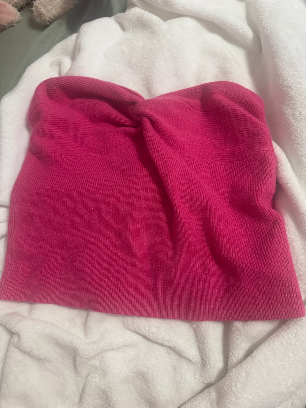 Strapless Twist-Front Hot Pink Ribbed Crop Top